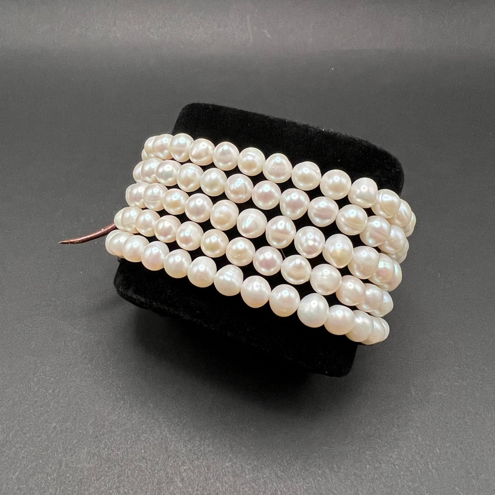 Chan Luu Pearl Wrap Bracelet Leather 5 Strand Freshwater Signed CL Rare Boho